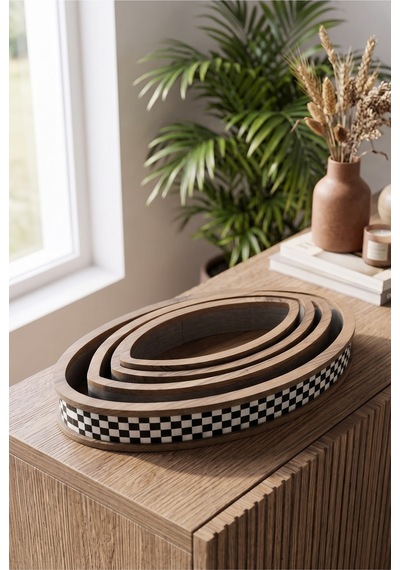 4 Adet Modern Pötikare Damalı Ahşap Oval Sunum Organizer Tepsi Seti Diğer