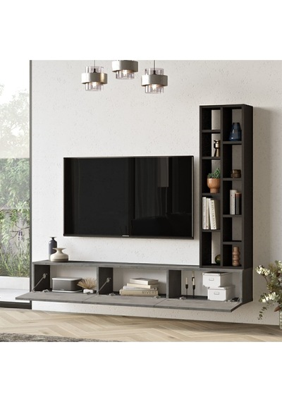 Arya 175cm Tv Ünitesi Kitaplık Beton-siyah Ary9-rl Gri - Siyah