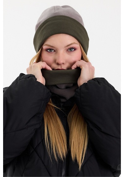 Butikgiz Kadın Dış Kısım Polar, İç Kısım Kaşkorse Pamuklu, Çift Renk, Çift Kat, Katlanabilir Bere Boyunluk Set Gri-haki