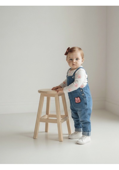 Babybuu Tavşanlı 2'li Salopet Kız Bebek Takım Beyaz-mavi