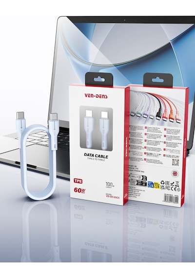 Ven-dens Vd-dc23cc 60 W Pd Type-c To Type-c Hızlı Şarj Ve Veri Kablosu, 1 Metre, Esnek Tpe, Mavi