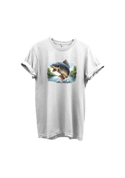 Sıçrayan Sazan Balığı Desenli %100 Pamuk Regular Fit Unisex T-shirt Beyaz