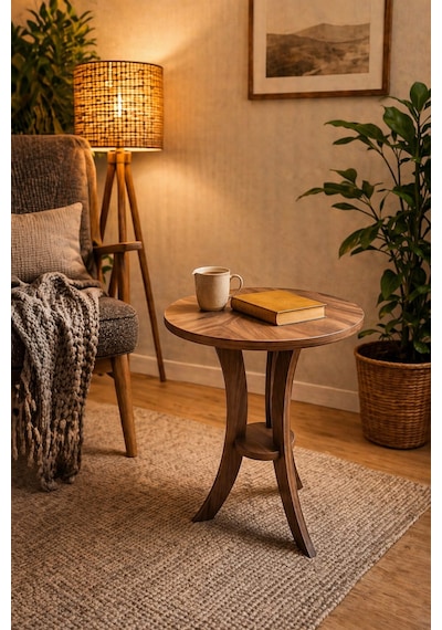 Fiskos Ceviz Yan Sehpa 50 Cm Çap - 60 Cm Yükseklik Modern Zigon Yan Sehpa Ceviz