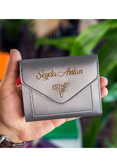 Bk Gift Kişiye Özel İsimli Vegan Deri Mini Antrasit Kadın Cüzdanı, Sevgiliye Hediye, Anneye Hediye, Arkadaşa Hediye Renkli Çok Renkli