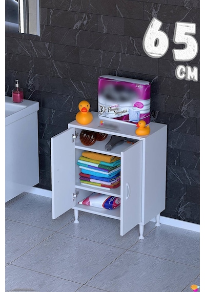 Söke 65 Cm Çok Amaçlı Kapaklı 2 Raflı 3 Bölmeli Komidin Dolap Beyaz