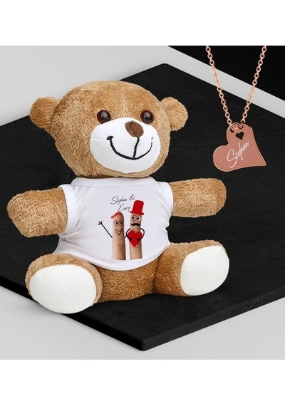 Kişiye Özel Sevgililer Temalı Peluş Ayıcık Ve Rose Kalp Kolye Set (409000999)