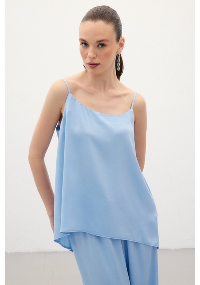 Sateen Askılı Saten Bluz - Mavi-136349 Mavi