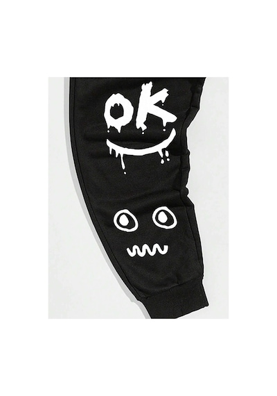 Tarzsokak Cartoon & Slogan Graphic Drawstring Waist Eşofman Altı Siyah