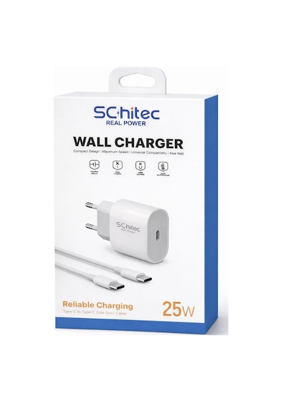 Schitec 25w Type-c Çıkışlı Hızlı Şarj Aleti Type-c To Type-c Kablolu Set Beyaz Sc002 1 Metre