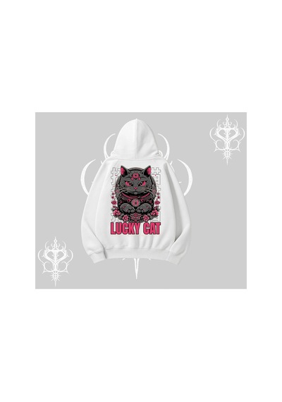 Tarzsokak Lucky Cat Japon Tarzı Kedi Baskılı Kapşonlu Sweatshirt Beyaz