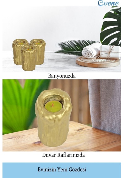 Mumluk Şamdan 3 Adet Tealight Uyumlu Üçlü Büyük Erimiş Mum Model - Altın