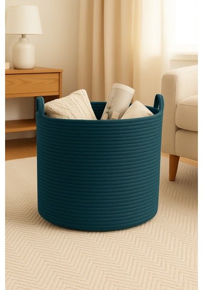 El İşçiliği Dokulu Büyük Boy Sepet 40 X 36 Cm Dekoratif Ev Düzeni, Oyuncak Ve Çamaşır Organizer Petrol