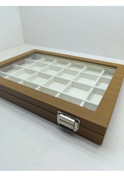 Cam Kapaklı Deri Kumaş Kahve-beyaz Renk 34 Cm / 24 Cm 24 Bölmeli Takı Sergileme Standı