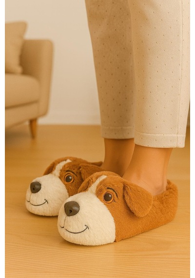 Unisex Yetişkin Köpek Figürlü Peluş Panduf Ev Pandufu Ev Botu Taba