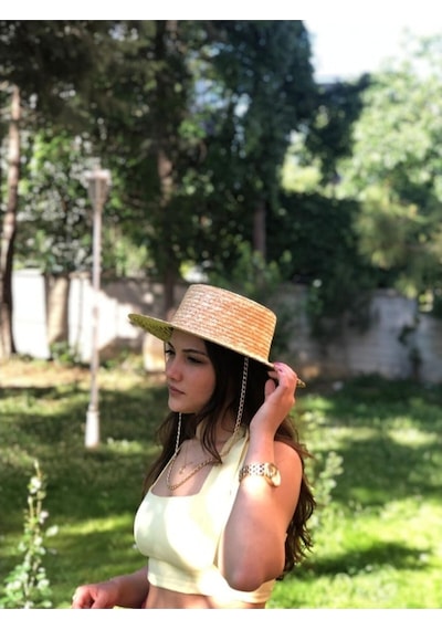 Zincirli Hasır Şapka Bej
