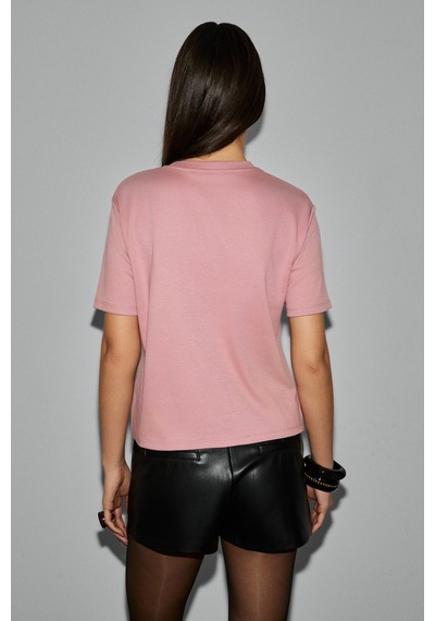 Grımelange Colena Kadın Organik Pamuklu Bisiklet Yaka Oversize Fit Kısa Kollu Pembe T-shirt Pembe