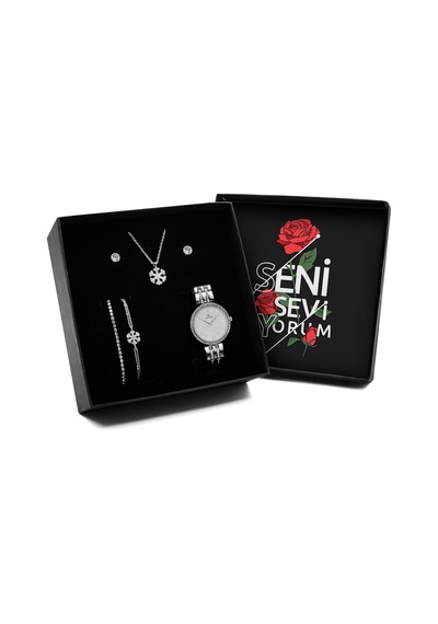 Sevgililer Gününe Özel Tasarım Kutu & Gümüş Zirkon Kaplama Kar Tanesi Kolye & 2'li Küpe & 2'li Bileklik & Saat Seti