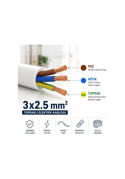 Tr 3x2,5 Mm Cca Ttr Beyaz Renk Kauçuk Topraklı Seyyar Elektrik Kablosu 10 Metre
