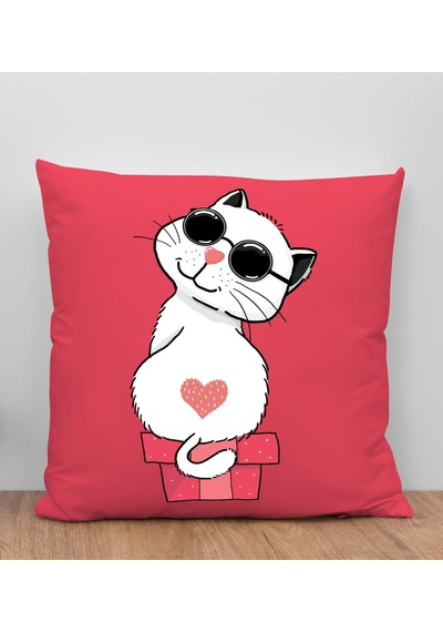 Bk Gift Kedi Tasarımlı Kırmızı Kırlent Yastık, Arkadaşa Hediye, Ev Dekorasyonu, Ev Hediyesi-6