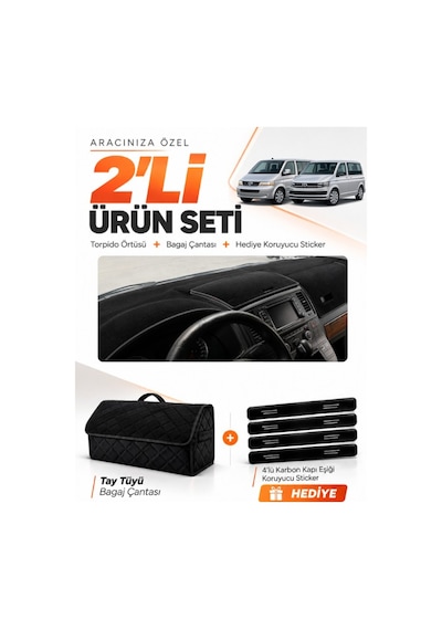 Volkswagen Transporter T5 Çift Kapaklı 2003-2016 Uyumlu Torpido + Tay Tüyü Çanta Seti - Siyah