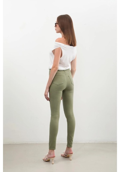 Kadın Yırtık Detaylı Jean Pantolon Haki