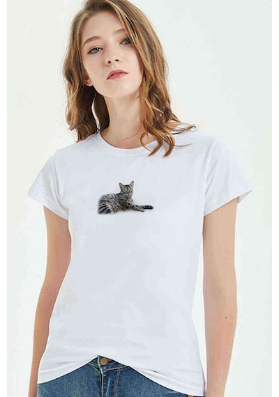 Kedi Cad Baskılı Beyaz Kadın Tshirt