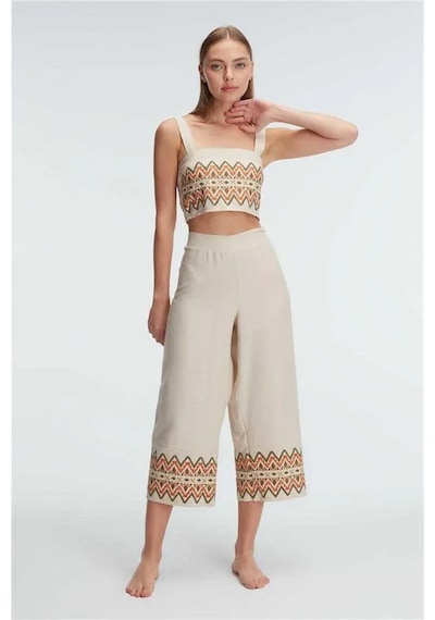 Ang Butik Kadın Askılı Oyuk U Yaka Geometrik Yazlık Uzun Nakış Detaylı Pijama Takımı Krem