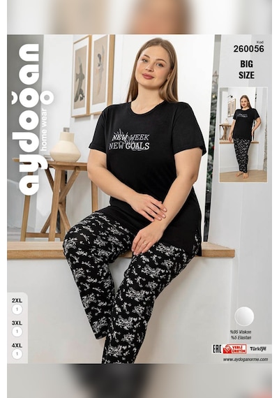 Aydoğan Kadın İnci Büyük Beden Kısa Kol Siyah Pijama Takım 0056 Siyah