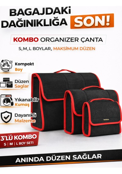 Oto Bagaj Organizer Bagaj Çantası 3'lü Kombo Kaymaz Cırt Bantlı Velur Kompakt - Siyah Kırmızı