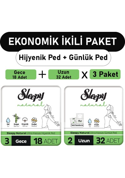 Sleepy Natural Ultra Ped Gece 18'li + Uzun Günlük Ped 3 x 32'li