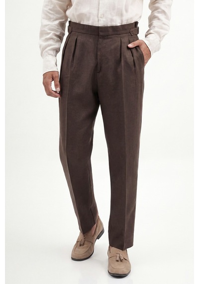 Antioch 100% Keten Çift Pileli Pantolon Kahve