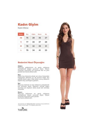 Tudors Kadın Slim Fit Dar Kesim Boyundan Bağlamalı Sıfır Kol Dantel Detaylı Kahverengi Elbise-52065
