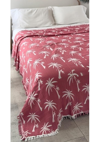 Palmiye Desen 4 Katlı Müslin Pike Yatak Örtüsü Battal Boy 240x260 Cm Kırmızı Diğer