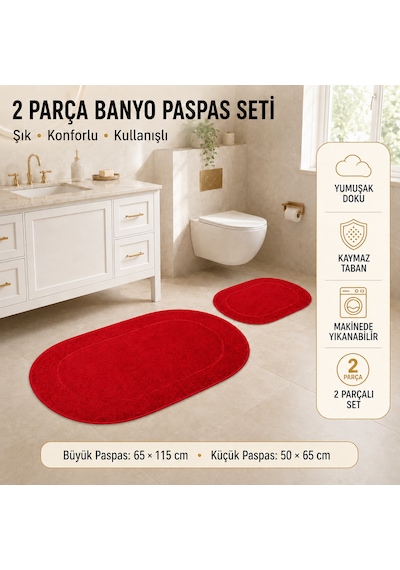 Rixos 2'li Banyo Halısı Paspası Seti Kaymaz Tabanlı Klozet Takımı Kırmızı