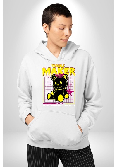 Baş Belası Teddy Kadın Erkek Beyaz Kapüşonlu Sweatshirt Hoodie Beyaz