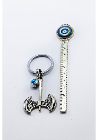 Erkek Anahtarlığı Çift Taraflı Cam Nazar Boncuğu Metal İki Ağızlı