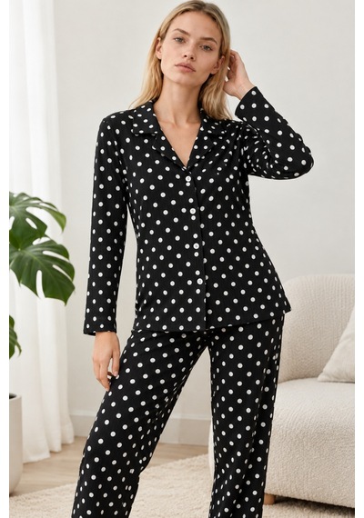 Kadın Gömlek Yaka Desenli Siyah Pijama Takımı 4812