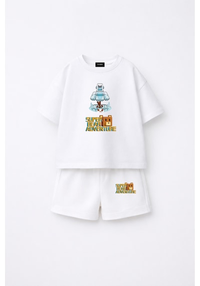 Fasardi Super Bear Adventure Süper Ayı Baskılı Oversize %100 Pamuk Kısa Kollu Unisex Çocuk T-shirt Beyaz
