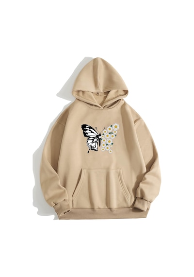 Uyguntarz Papatya Kelebek Baskılı Oversize Sweatshirt Bej