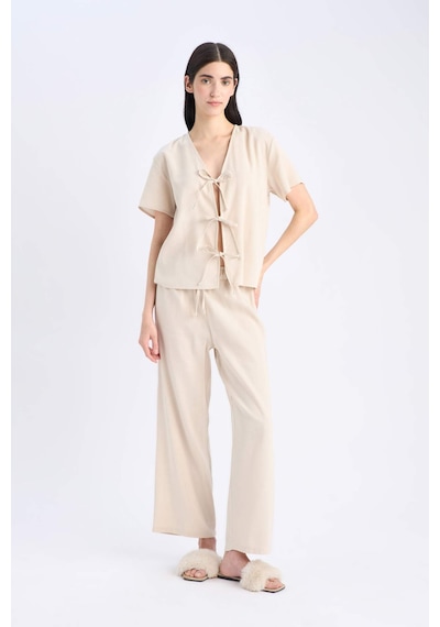 DeFacto Pijama Takımı Keten Kısa Kollu Üst Esnek Belli Alt-Fall in Love E3571AX25SPBG778