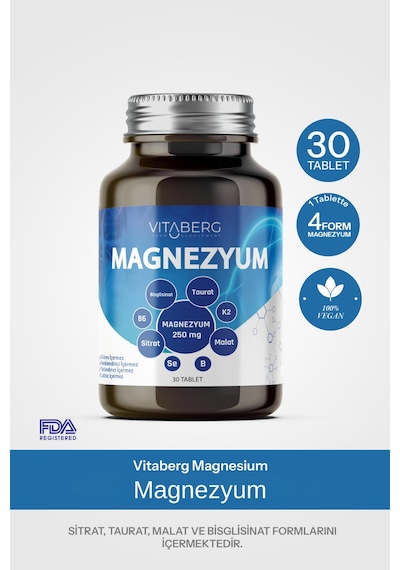 Vitaberg Magnezyum Bisglisinat, Taurat, Sitrat, Malat + K2, B6, Bor, Selenyum