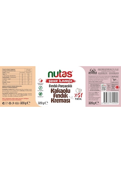Nutas Şeker İlavesiz Fındık Parçacıklı Kakaolu Fındık Kreması 320g Cam Kavanoz