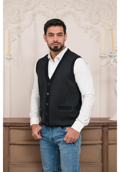 Woolen World Regular Fit Ön Cepli Kolsuz Bitik Desenli Triko Yelek Lacivert