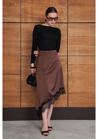 Verymoda Dantelli Asimetrik Etek D2951 Kahve