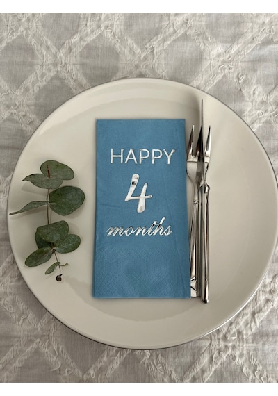 Gümüş Yaldızlı Mavi Happy 4 Yaş Months Garson Katlama Peçete 16 Adet