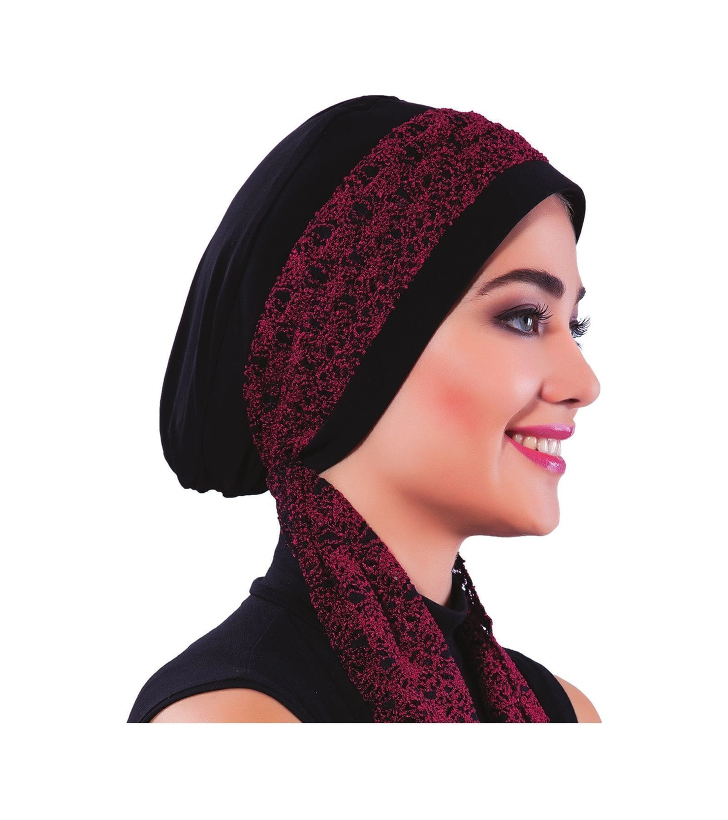 Elysianfidan Buklet Bandana Bağlamalı Siyah Bordo Hazır Türban Tesettür Bone Siyah-bordo