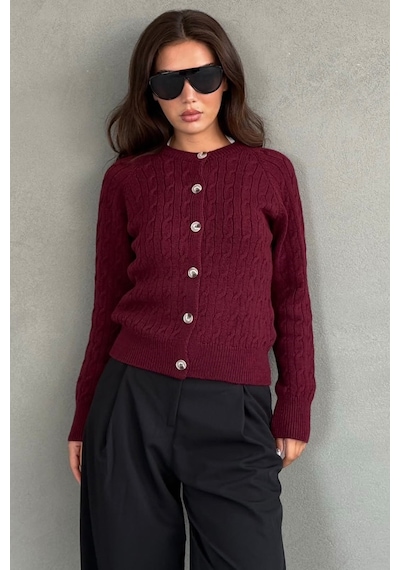 Madmext Bordo Bisiklet Yaka Örgü Desenli Kadın Hırka Mg2899