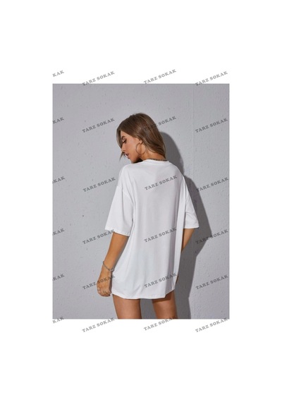 Tarzsokak Unisex Kadın/erkek Nasa Renkli Özel Baskılı Oversize Pamuk Penye Beyaz