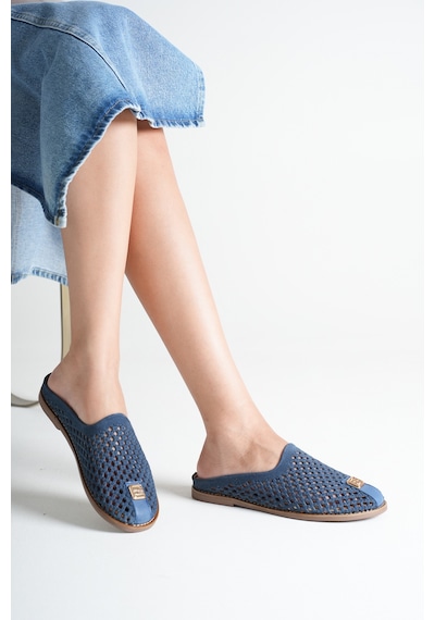 Analin Shoes Kadın Hakiki Deri Delikli Günlük Rahat Terlik Mavi