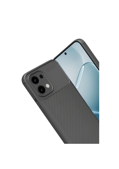 Oppo A6 Pro Uyumlu Karbon Fiber Desenli Auto Focus Lens Korumalı Şık Kılıf Gri